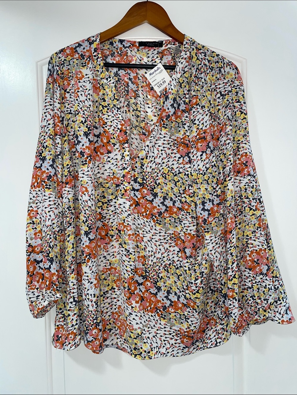 Tahari White Floral Blouse with Orange and Yellow Accents